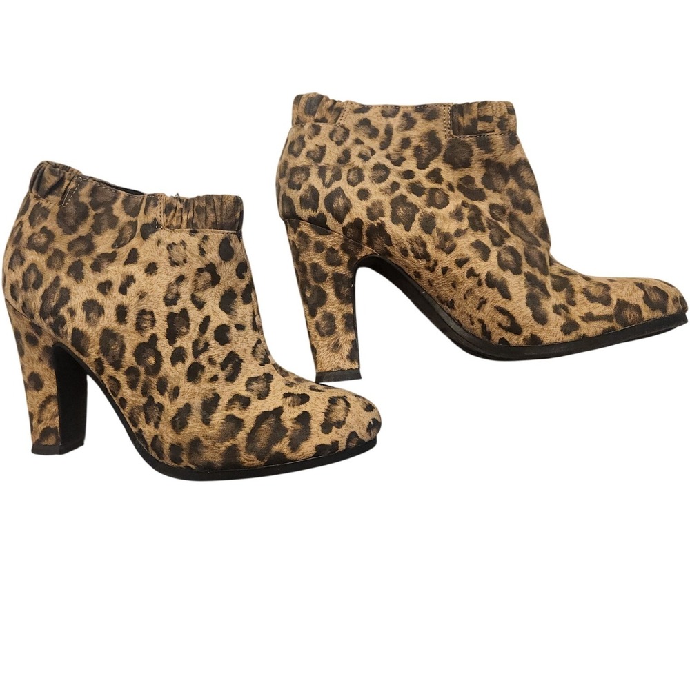 Sam & Libby Leopard Print Faux‎ Calf Hair Ankle Boots High Heel Brown Tan Size 7